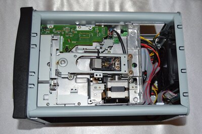 Diskette drive cabinet open, showing wiring