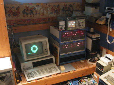 Recent setup: IBM XT as terminal for Clone and original Altair. Clone has 60s vintage cassette recorder, original is equipped with Shugart 801 8&quot; FDDs, FDC+, and paper tape reader/punch.